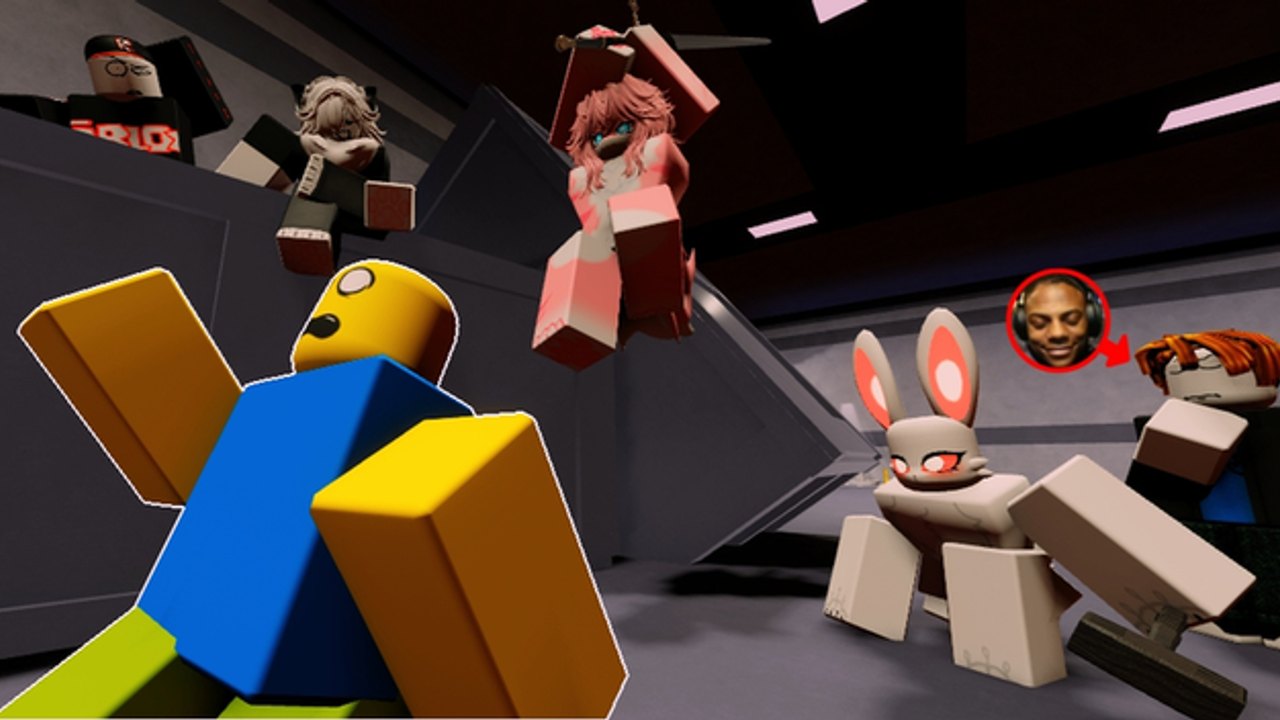Fur Infection LITE combat in a Roblox facility: a human is knocked back while infected morphs close in with melee weapons.